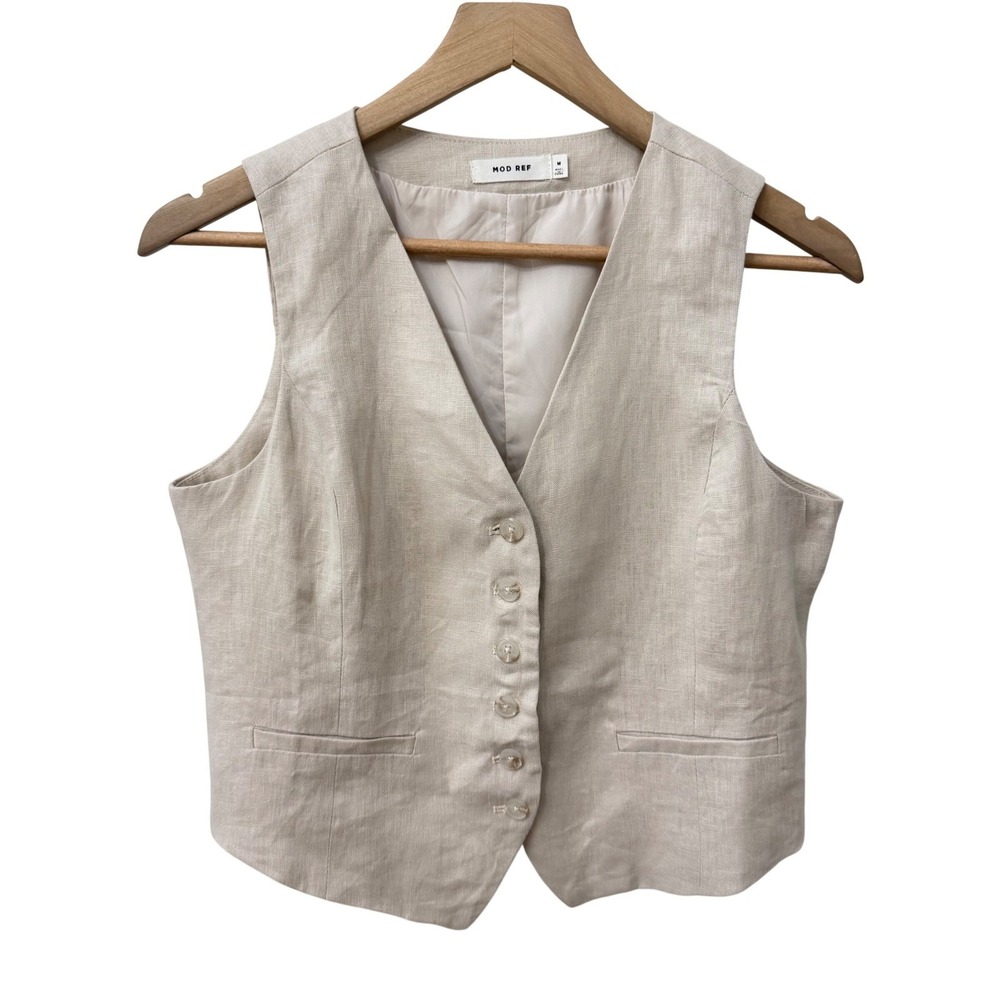 MOD REF Tailored Linen Vest Size M Beige Button Front V-Neck Lined Waistcoat
